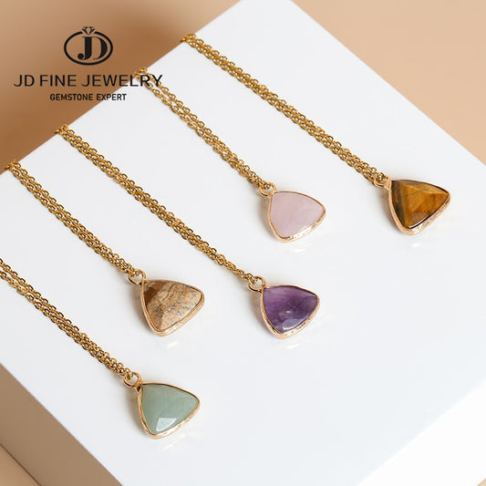 JD Natural Stone Pink Quartz Amethyst Triangle Faceted Pendant Necklace Women Simple Gold Color Stainless Steel Chain Choker