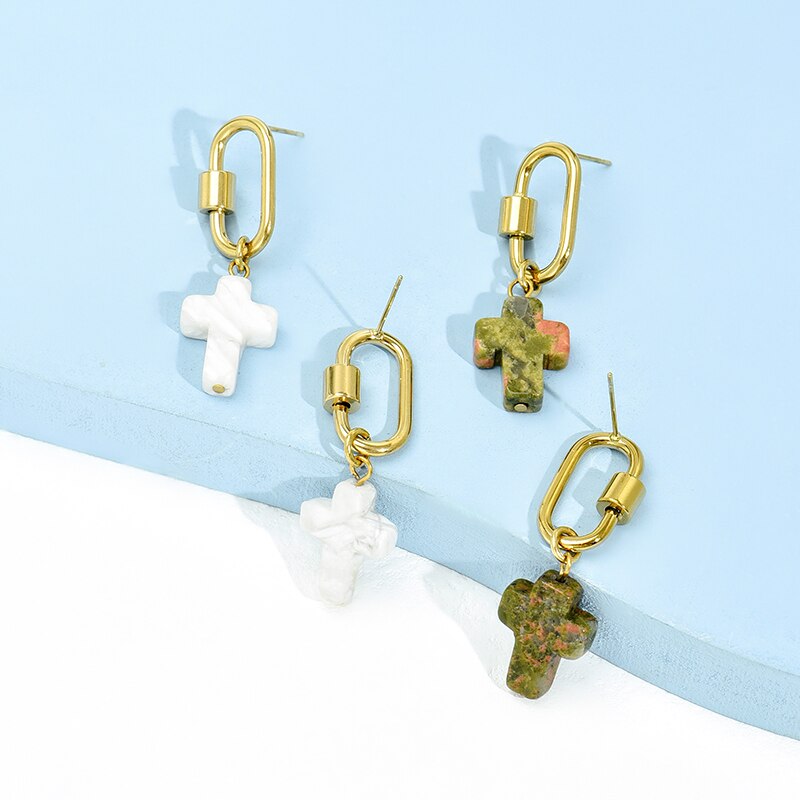 Change Better 1 Pair Fashion Natural Stone Cross Drop Earrings Women 2022 Vintage Rock Hoop Stainless Steel Gothic Jewelry Gift