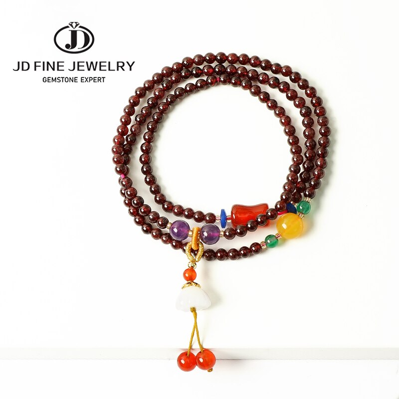 JD Multi-layer Garnet Beads Bracelet Wine Red Natural Stone Bangles Bracelet White Jade Flower Pendant for Women Unique Jewelry