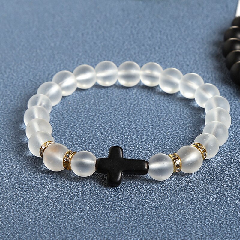 JD Trendy Jesus Cross Charm Black White Stone Men Bracelet 8mm White Beads Bracelets Bangles for Women Yoga Jewelry Wholesale