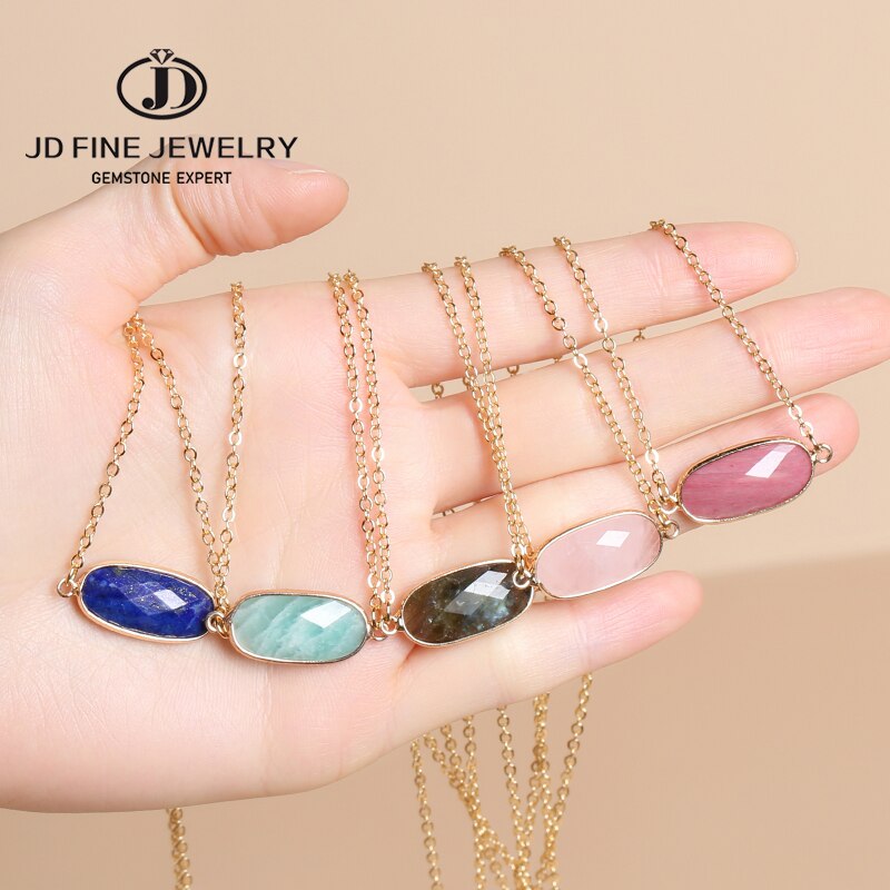 JD Natural Stone Pendant Double Hole Flash Labradorite Lapis Lazuli Oval Necklace Gold Color Charm Jewelry Making DIY Necklace