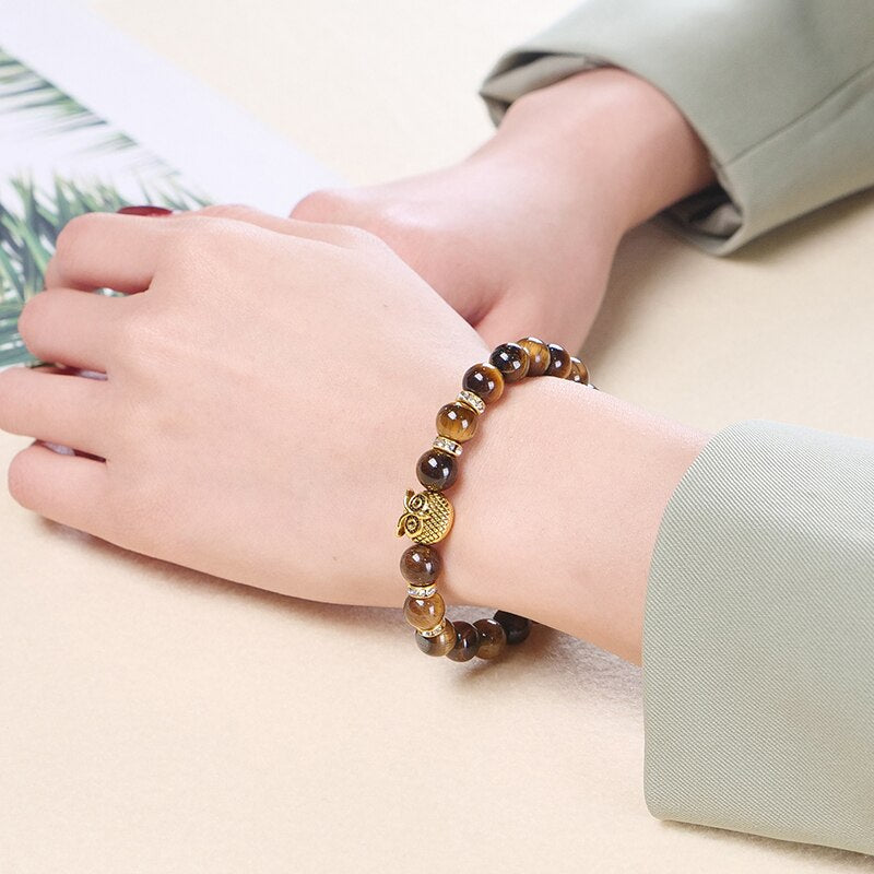 JD Natural Stone Yellow Tiger Eye Beaded Bracelet Men Women Gold Color Owl Energy Yoga Elastic Buddha Bangles Charm Jewelry Gift