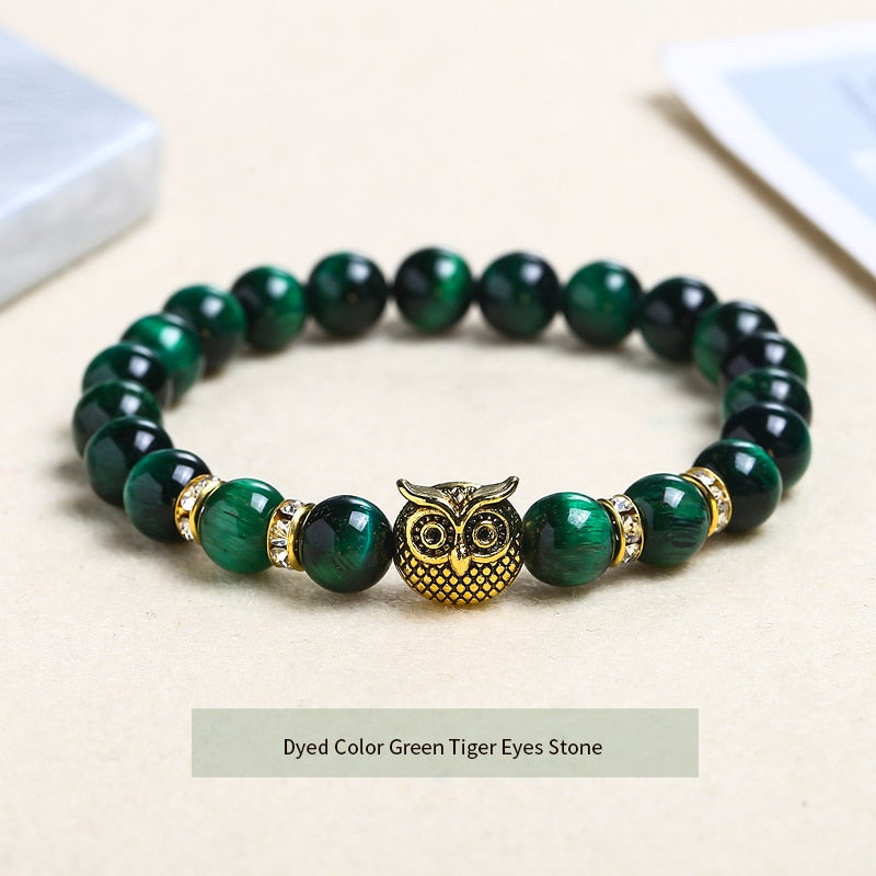 JD Natural Stone Yellow Tiger Eye Beaded Bracelet Men Women Gold Color Owl Energy Yoga Elastic Buddha Bangles Charm Jewelry Gift