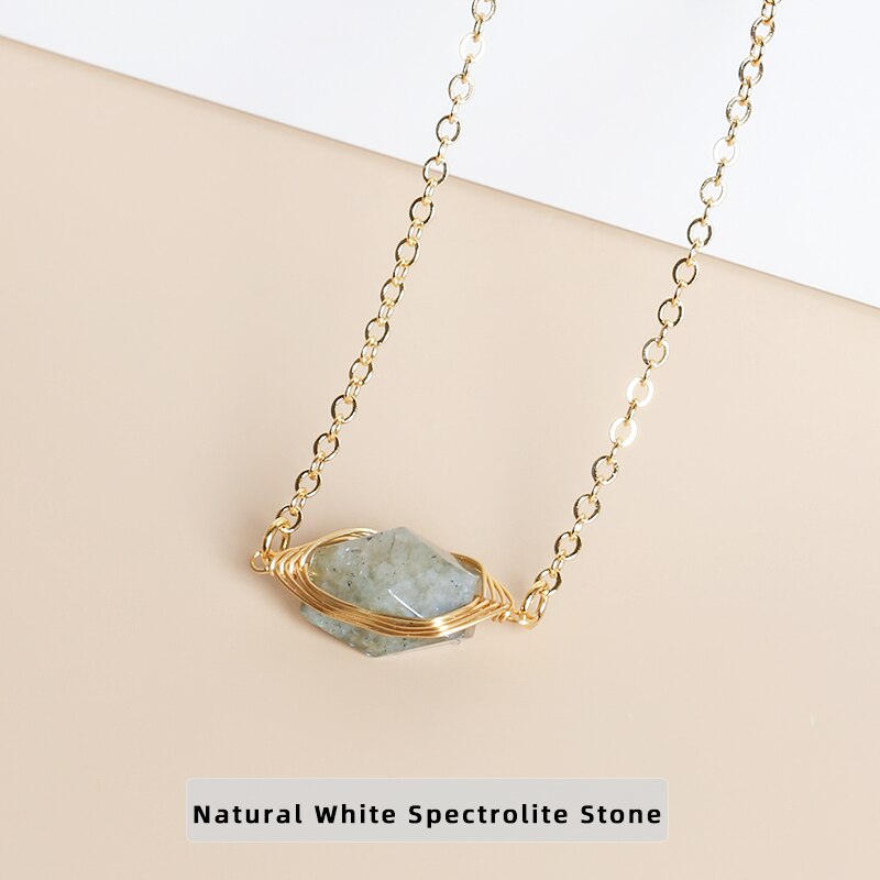 JD Natural Stone Faceted Rock Quartz Copper Wire Circle Pendant Necklace Women Reiki Healing Crystal Sodalite Chakra Jewelry