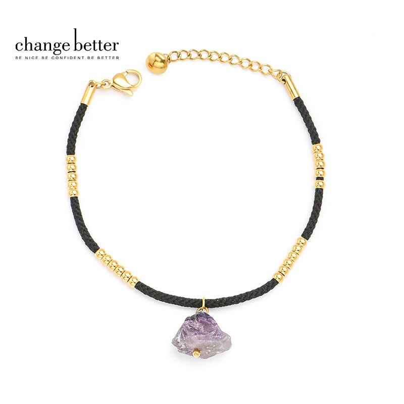 CHANGE BETTER Gold Color Stainless Steel Leather Adjustable Bracelet Women Trendy Natural Rough Crystal Charms Healing Bangles