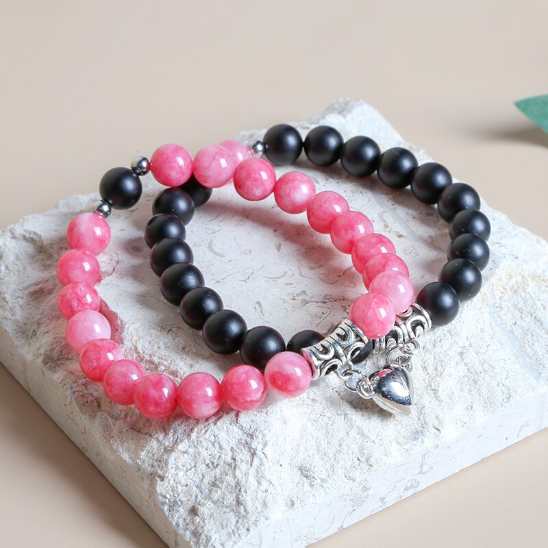 JD 8MM Natural Matte Black Jasper Pink Chalcedony Magnet Heart Shaped Couple Bracelet Distance Stone Bracelet Jewelry Gifts