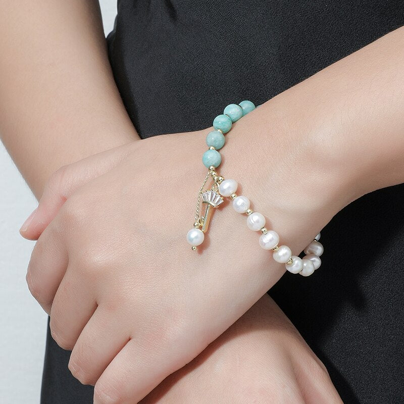 JD Half Blue Half White Bracelet Real Pearl Natural Amazonite Round Beads & Gold Color Filled Key Bracelet Temperament Jewelry