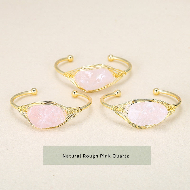 JD Natural Crystal Raw Stone Pink Quartz Fluorite Open Cuff Bracelet Women Gold Color Wire Wrap Bangles Healing Jewelry Gifts