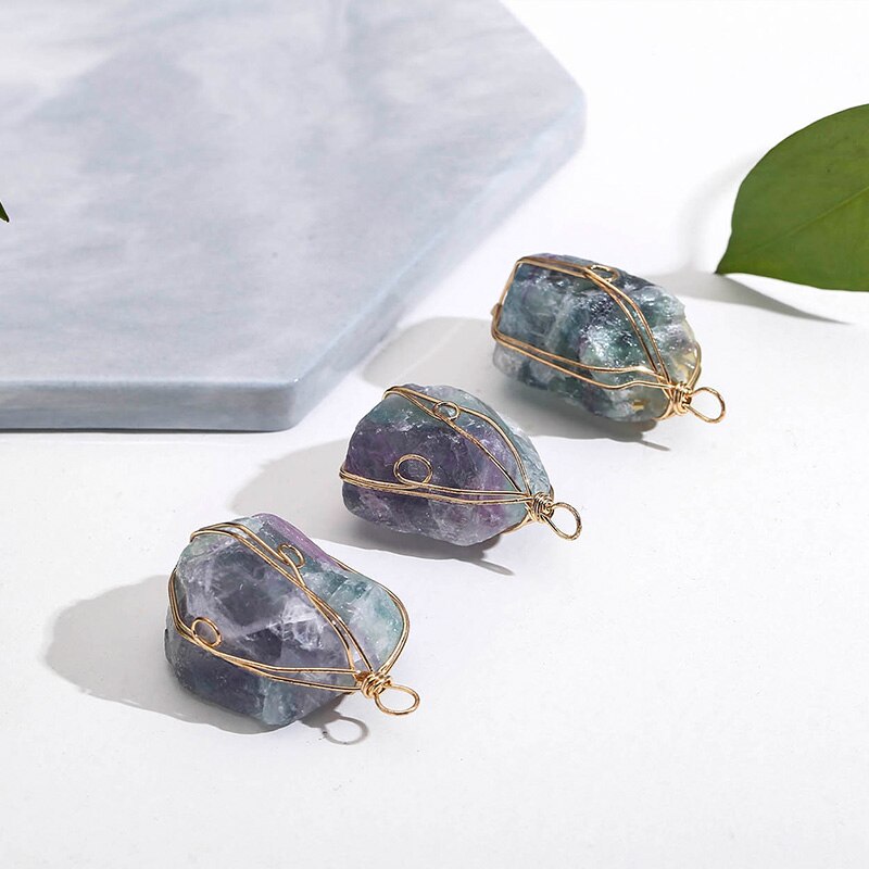 JD Handmade Wire Wrap Natural Quartz Stone Pendant Irregualr Nuggets Fluorite DIY Pendant Women Reiki Healing Stone