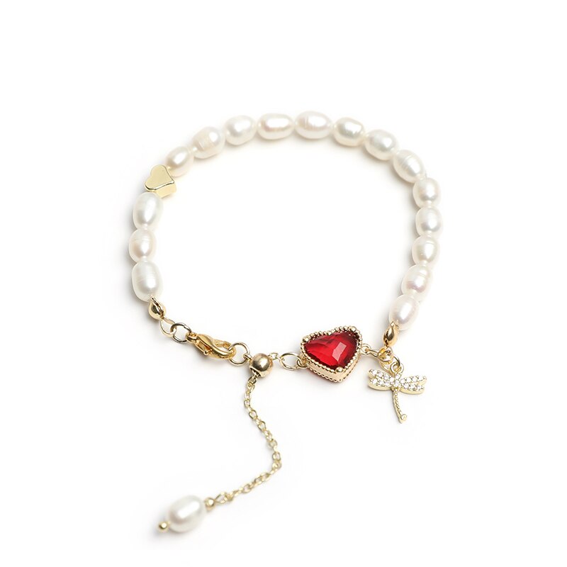 JD Natural Rice Pearl Beads Bracelets Red Heart Crystal Bracelet  Women Dragonfly Charm Pendant Adjustable Copper Chain Jewelry