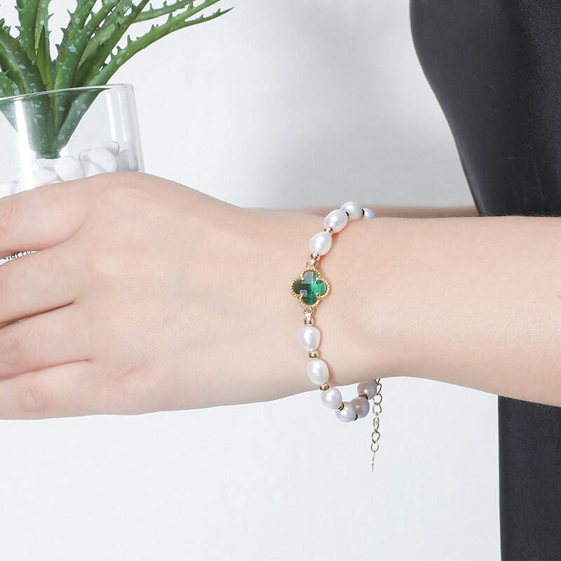 JD Real Pearl Bracelets Green Four-leaf Crystal Bracelet For Women Stylish Refined Hand Made Jewelry Adjustable Length