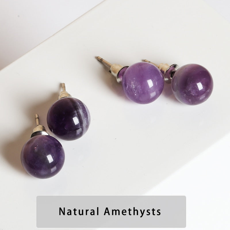 CHANGE BETTER Natural Stone Amethyst Tiger Eye Agate Round Beads Earring Women Fashion Stainless Steel Ear Studs For Girls Gift