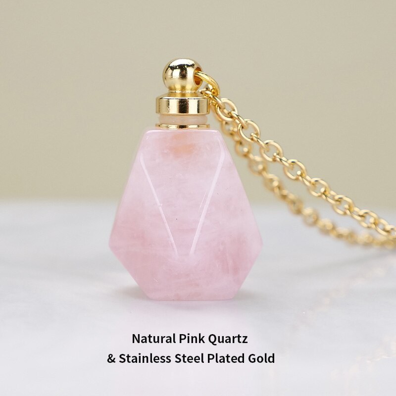 JD Natural Stone Quartz Perfume Bottle Pendants Faceted Rainbow Jasper Pink Quartz Amethyst Charm Necklace