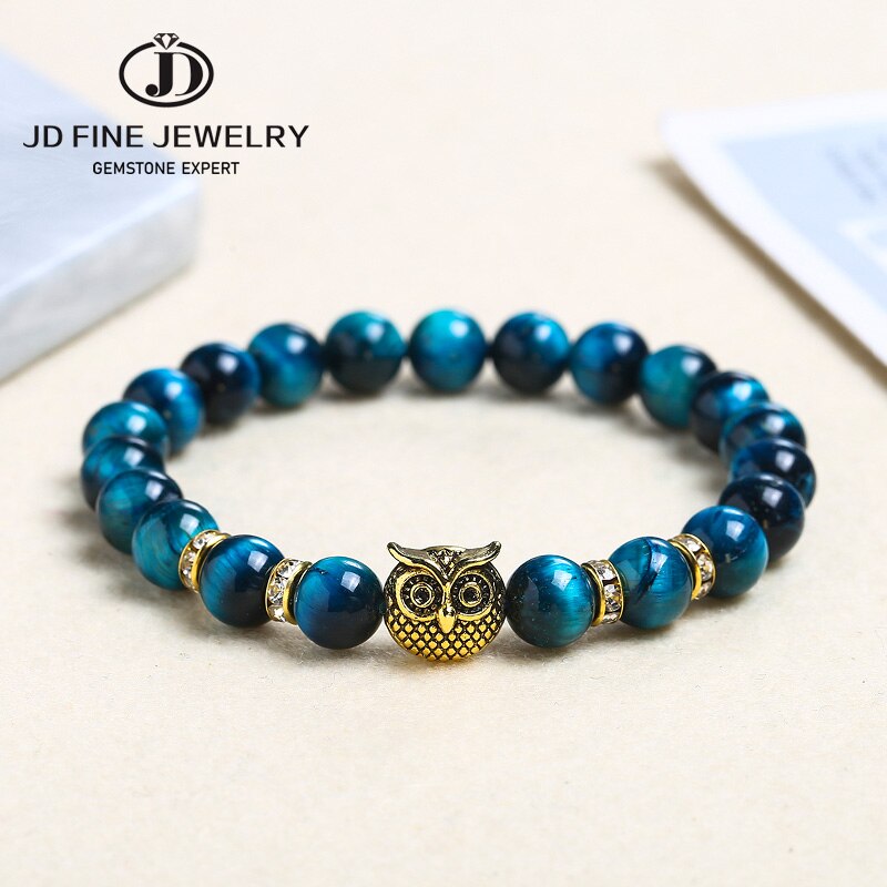 JD Natural Stone Yellow Tiger Eye Beaded Bracelet Men Women Gold Color Owl Energy Yoga Elastic Buddha Bangles Charm Jewelry Gift