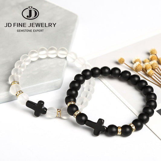 JD Trendy Jesus Cross Charm Black White Stone Men Bracelet 8mm White Beads Bracelets Bangles for Women Yoga Jewelry Wholesale