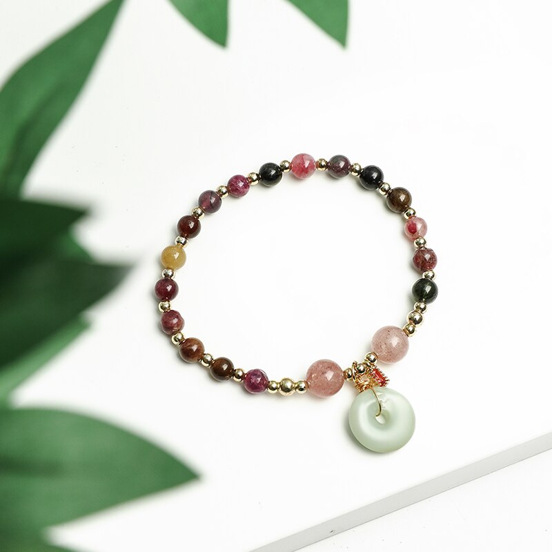 JD Natural Stone Mixed Tourmaline Bead Bracelets Women Fashion Emerald Jade Peace Button Pendant Lucky Strand Wristband Gifts