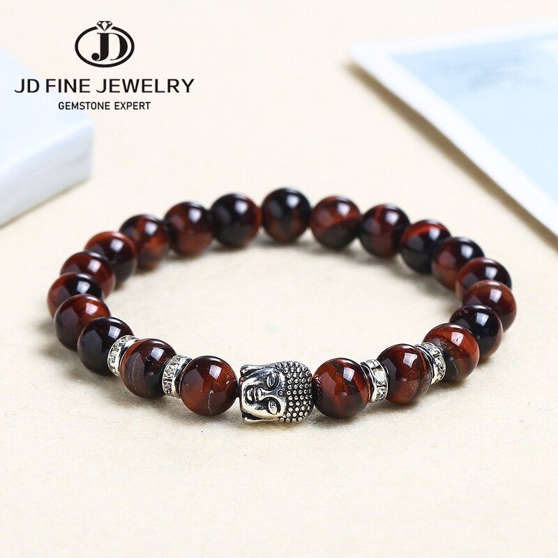 JD Buddha Head Tiger Eye Beaded Bracelet Men Women 8mm Natural Stone Chakra Yoga Prayer Bangles Vintage Elastic Charm Jewelry