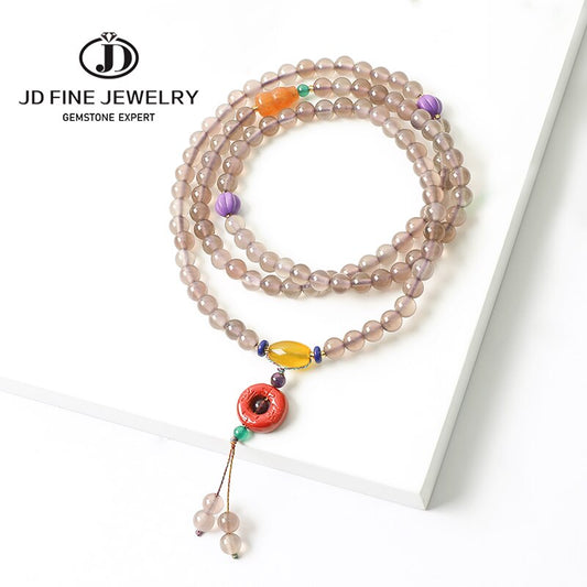 JD Natural 6mm Gray Agate Multilayer Bracelet Necklace Women Elegant Personality Handmade Buddha Mala Yoga Energy Jewelry Gift