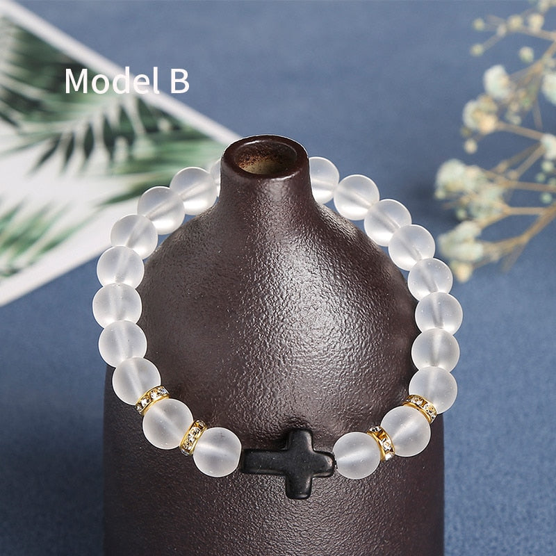 JD Trendy Jesus Cross Charm Black White Stone Men Bracelet 8mm White Beads Bracelets Bangles for Women Yoga Jewelry Wholesale