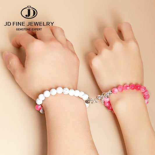 JD 2pcs/set Couple Bracelets Natural White Turquoise Pink Chalcedony Key Shaped Distance Magnet Attraction Bracelet for Lovers