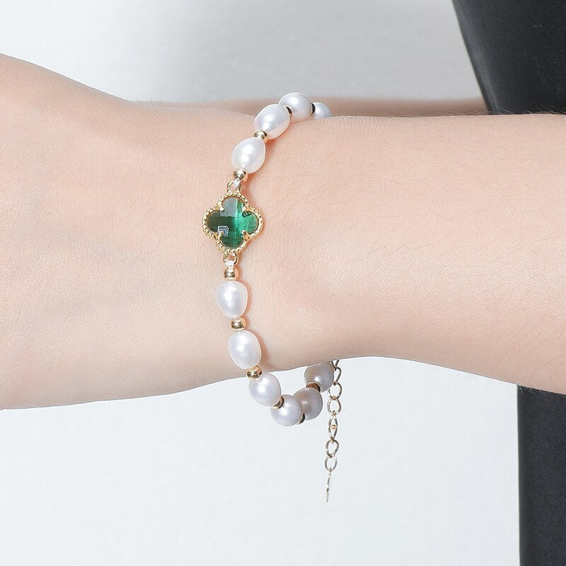 JD Real Pearl Bracelets Green Four-leaf Crystal Bracelet For Women Stylish Refined Hand Made Jewelry Adjustable Length