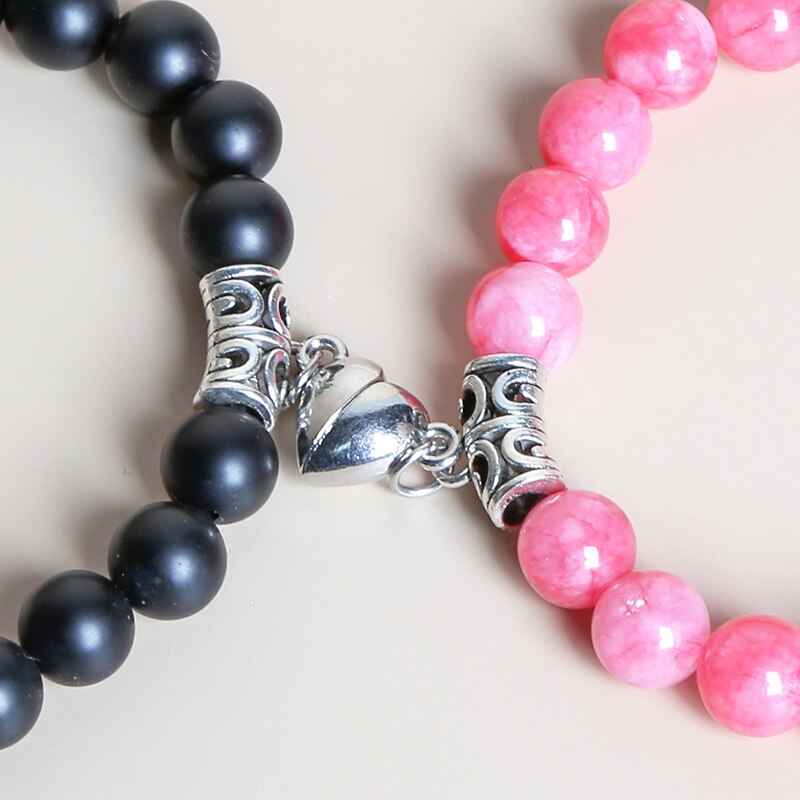JD 8MM Natural Matte Black Jasper Pink Chalcedony Magnet Heart Shaped Couple Bracelet Distance Stone Bracelet Jewelry Gifts