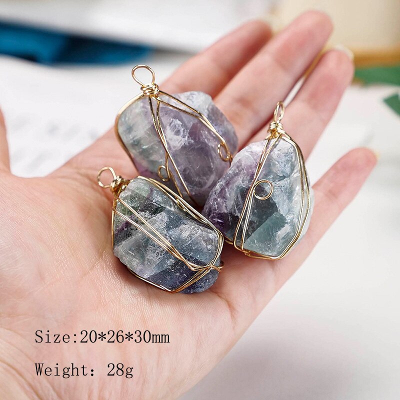 JD Handmade Wire Wrap Natural Quartz Stone Pendant Irregualr Nuggets Fluorite DIY Pendant Women Reiki Healing Stone