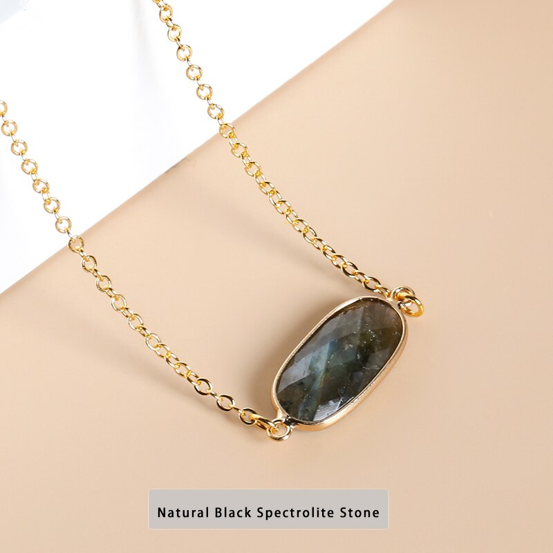 JD Natural Stone Pendant Double Hole Flash Labradorite Lapis Lazuli Oval Necklace Gold Color Charm Jewelry Making DIY Necklace