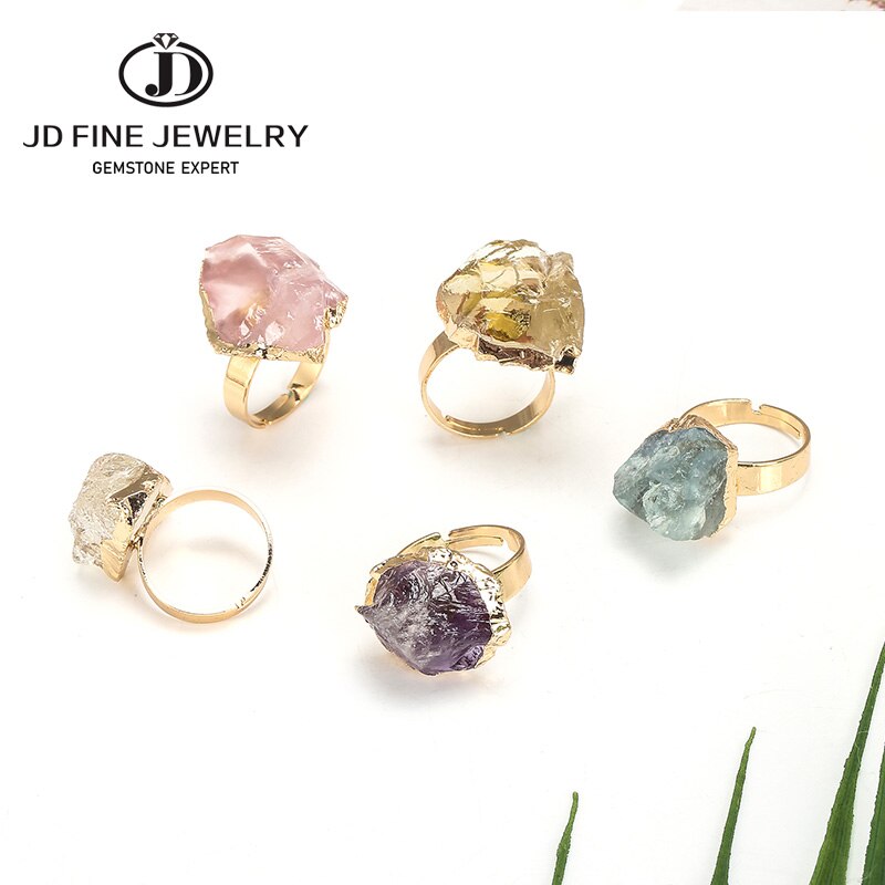 JD Purple Quartz Adjustable Ring Irregular Natural Rough Stone Crystal Druse Jewellery  Women No Finger Size Limited Gold Color