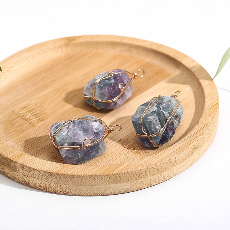 JD Handmade Wire Wrap Natural Quartz Stone Pendant Irregualr Nuggets Fluorite DIY Pendant Women Reiki Healing Stone
