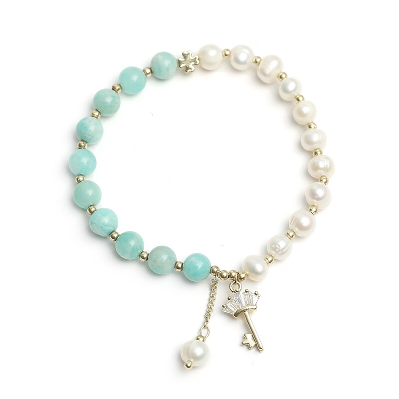 JD Half Blue Half White Bracelet Real Pearl Natural Amazonite Round Beads & Gold Color Filled Key Bracelet Temperament Jewelry