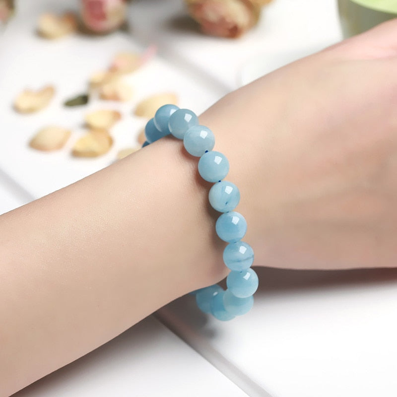 JD Natural Stone Aquamarine Beaded Bracelet Women Fashion Charm Blue Colored Energy Bead Elastic Bangles Female Jewelry Gifts