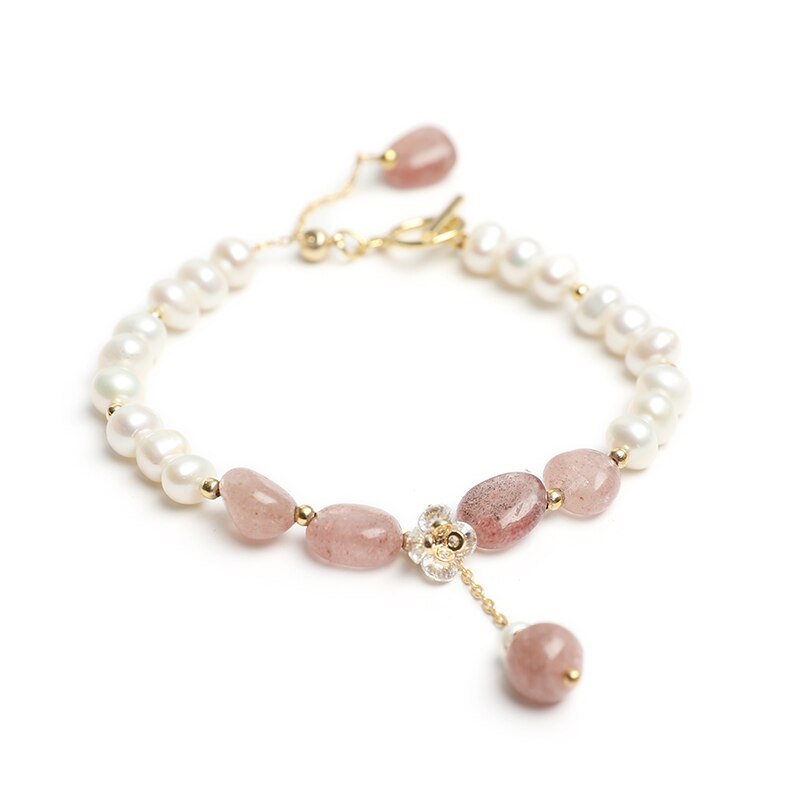 JD Natural Freshwater Pearls Pink Strawberry Quartz Bracelet Women Flower Zircon Crystal Charm Wristband Female Summer Jewelry