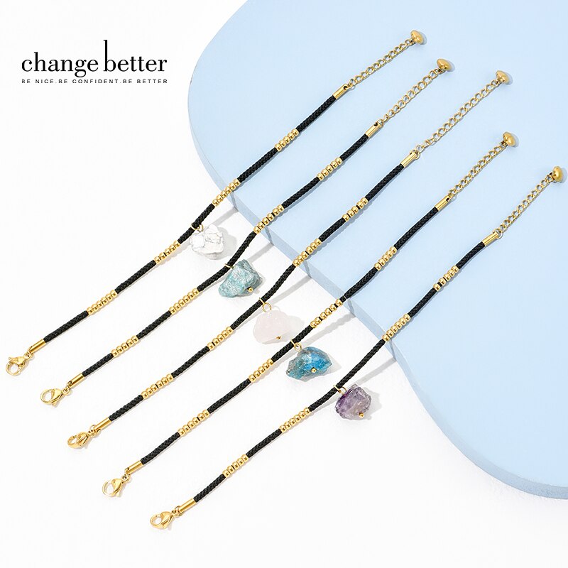 CHANGE BETTER Gold Color Stainless Steel Leather Adjustable Bracelet Women Trendy Natural Rough Crystal Charms Healing Bangles