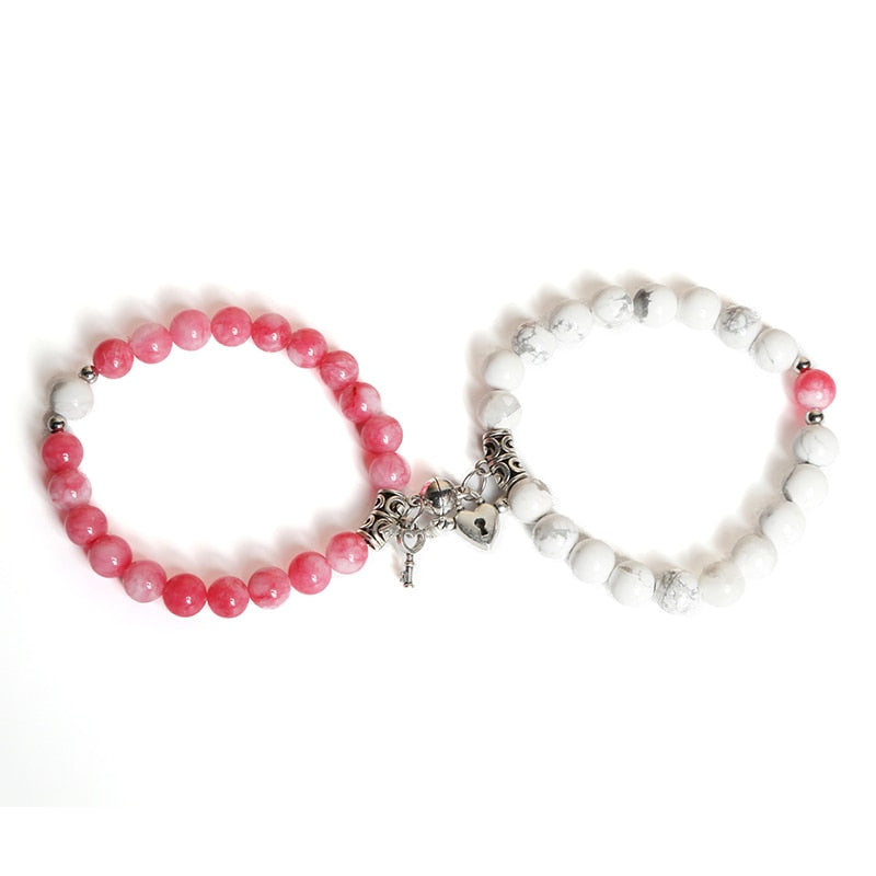 JD 2pcs/set Couple Bracelets Natural White Turquoise Pink Chalcedony Key Shaped Distance Magnet Attraction Bracelet for Lovers