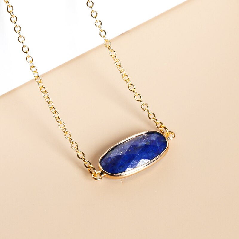 JD Natural Stone Pendant Double Hole Flash Labradorite Lapis Lazuli Oval Necklace Gold Color Charm Jewelry Making DIY Necklace