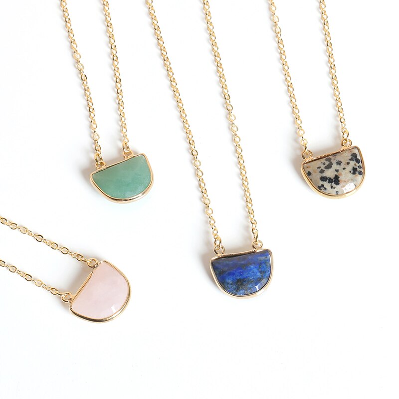 JD Geometric Lapis Lazuli Aventurine Pink Crystal Dalmatian Jasper Clavicle Chain Necklace Pendant For Women Gift 46+5cm