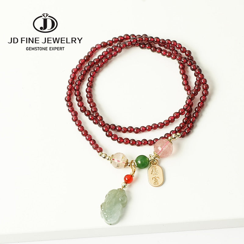 JD 3mm Wine Red Natural Garnet Bracelet Green Jade Pixiu Charm Pendant Bracelets  Fashion Jewelry Gifts For Mother Wholesale