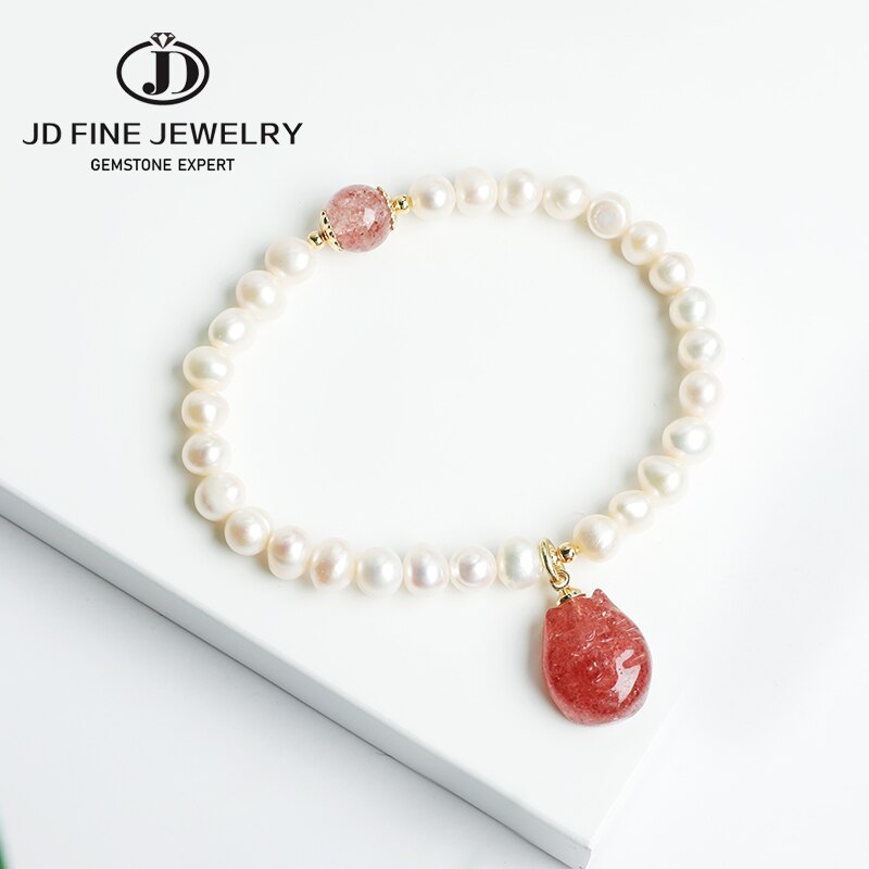 JD Pure Natural White Freshwater Pearl Bracelet Romantic Pink Strawberry Quartz Cat Pendant Bracelets Fashion Jewelry For Women