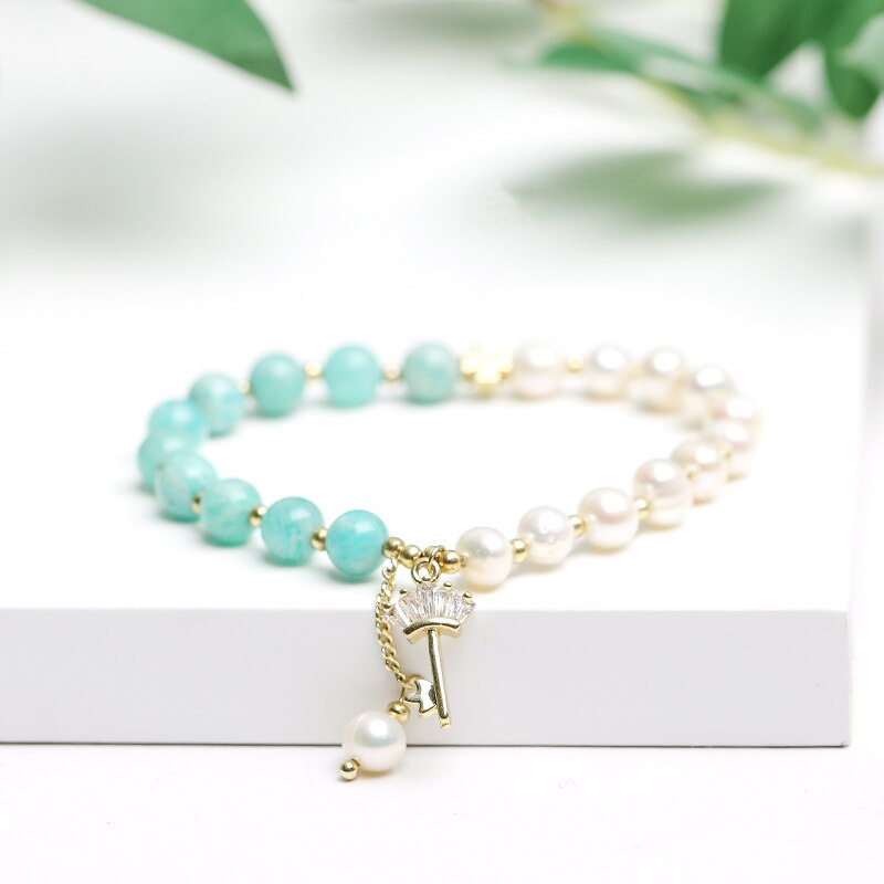 JD Half Blue Half White Bracelet Real Pearl Natural Amazonite Round Beads & Gold Color Filled Key Bracelet Temperament Jewelry