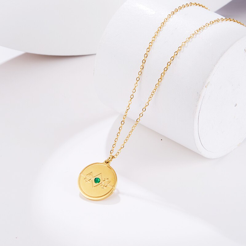 Change Better Emerald Agate Tiny Bead Inlay Round Pendant Gold Color Necklace Women Elegant Titanium Steel Chain Choker Jewelry