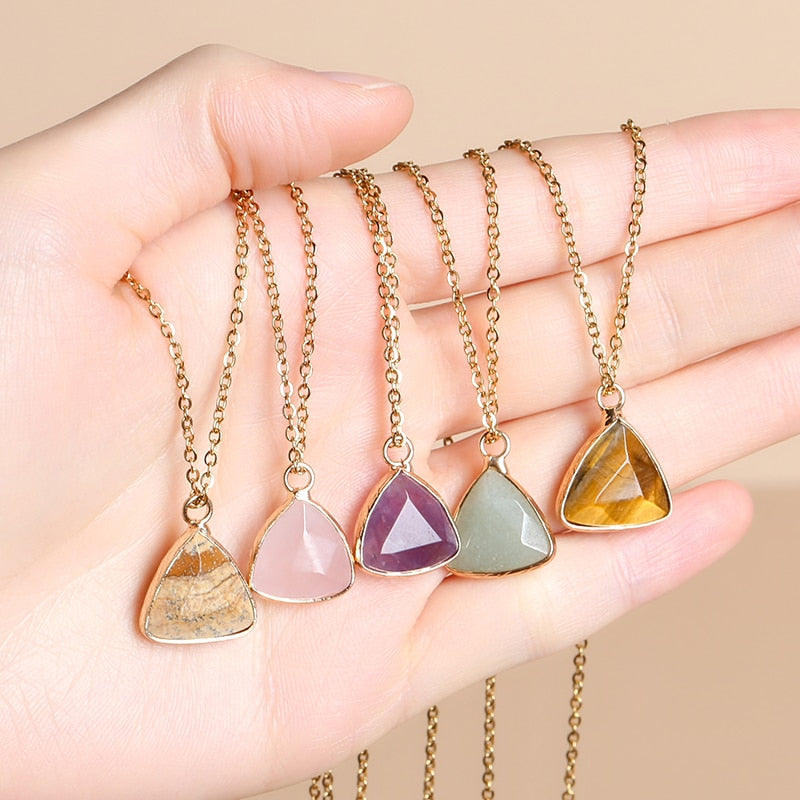 JD Natural Stone Pink Quartz Amethyst Triangle Faceted Pendant Necklace Women Simple Gold Color Stainless Steel Chain Choker