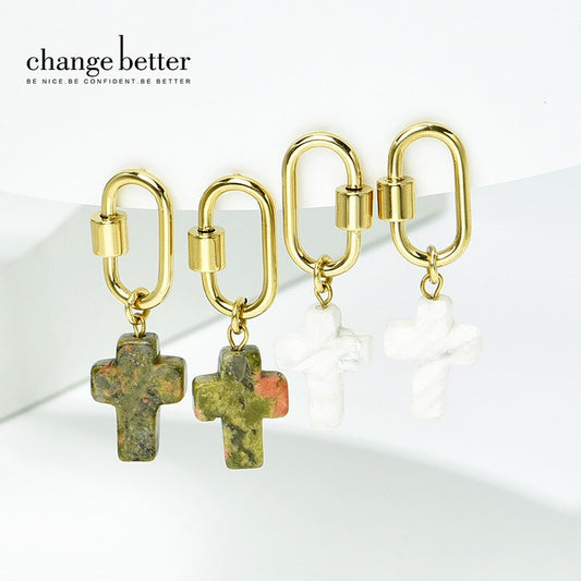 Change Better 1 Pair Fashion Natural Stone Cross Drop Earrings Women 2022 Vintage Rock Hoop Stainless Steel Gothic Jewelry Gift