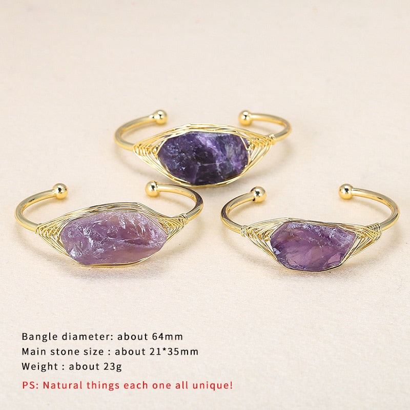 JD Natural Crystal Raw Stone Pink Quartz Fluorite Open Cuff Bracelet Women Gold Color Wire Wrap Bangles Healing Jewelry Gifts