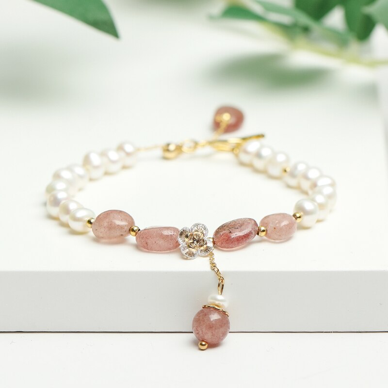 JD Natural Freshwater Pearls Pink Strawberry Quartz Bracelet Women Flower Zircon Crystal Charm Wristband Female Summer Jewelry