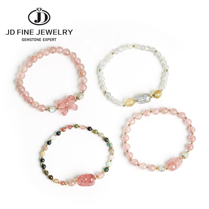 JD Romantic Natural Strawberry Quartz Gray Moonstone Tourmaline Pixiu Bracelets Women Tiny  Round Beads Lovely Strand Wristband