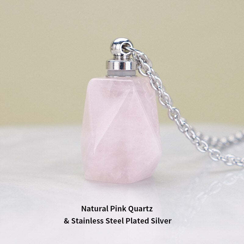 JD Natural Stone Quartz Perfume Bottle Pendants Faceted Rainbow Jasper Pink Quartz Amethyst Charm Necklace