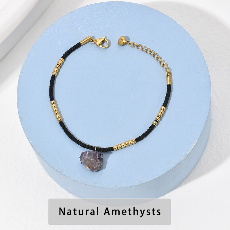 CHANGE BETTER Gold Color Stainless Steel Leather Adjustable Bracelet Women Trendy Natural Rough Crystal Charms Healing Bangles