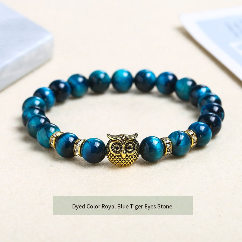 JD Natural Stone Yellow Tiger Eye Beaded Bracelet Men Women Gold Color Owl Energy Yoga Elastic Buddha Bangles Charm Jewelry Gift