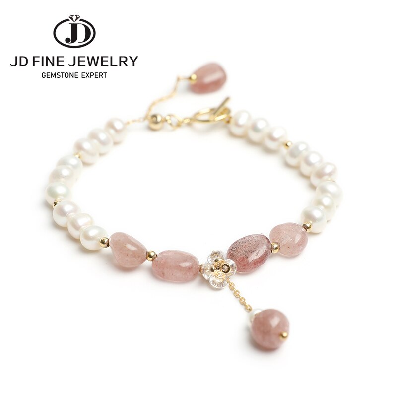 JD Natural Freshwater Pearls Pink Strawberry Quartz Bracelet Women Flower Zircon Crystal Charm Wristband Female Summer Jewelry